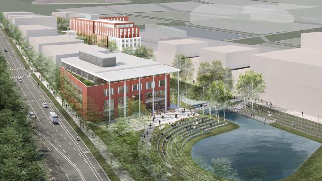 A aerial rendering of the new home of the School of Data Science.