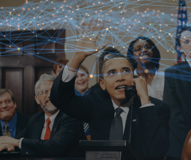 Edited image of Obama featuring large data array over his head that he seems to be reaching towards. 